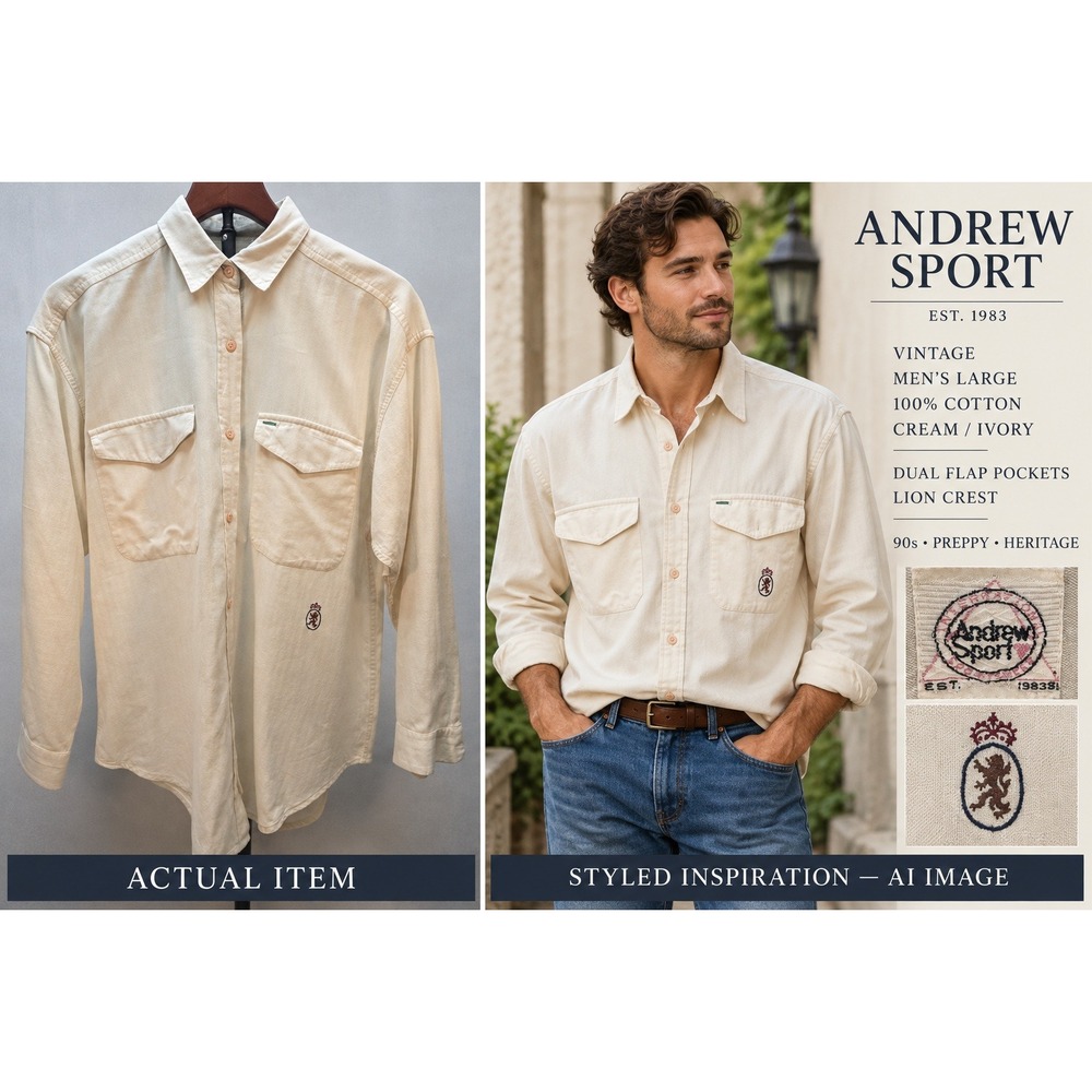 Vintage Andrew Sport Men's Large Shirt Cream 100%Cotton Long Sleeve Lion Crest‎